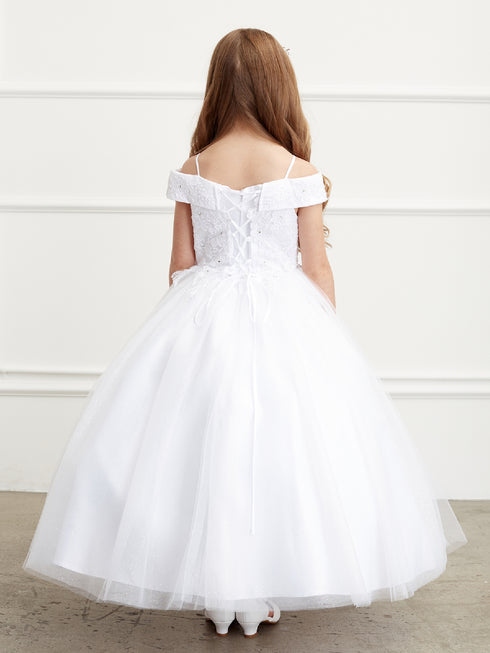 Little Girls Ivory Off Shoulder Lace Applique Corset Back Pageant Dress 2-6 - SophiasStyle.com
